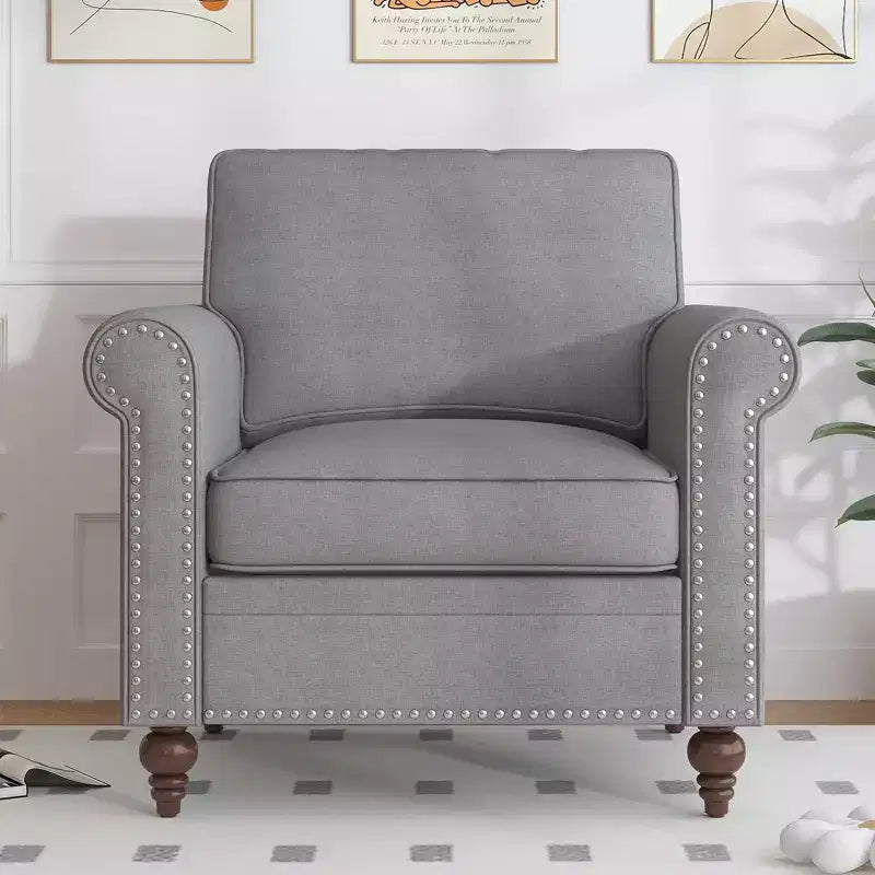 Poltrona d'accento in lino Mid-Century – Poltrona singola con struttura in legno