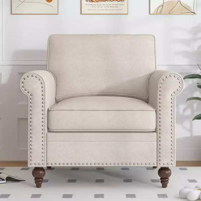 Poltrona d'accento in lino Mid-Century – Poltrona singola con struttura in legno