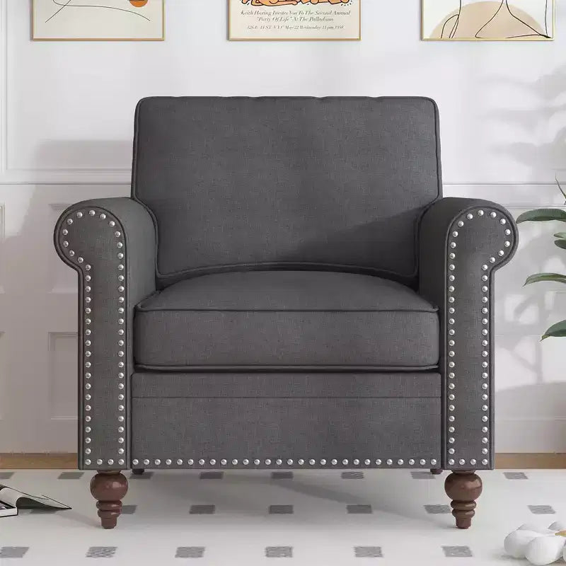 Poltrona d'accento in lino Mid-Century – Poltrona singola con struttura in legno