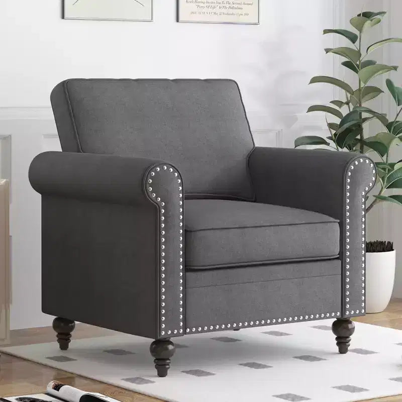 Poltrona d'accento in lino Mid-Century – Poltrona singola con struttura in legno