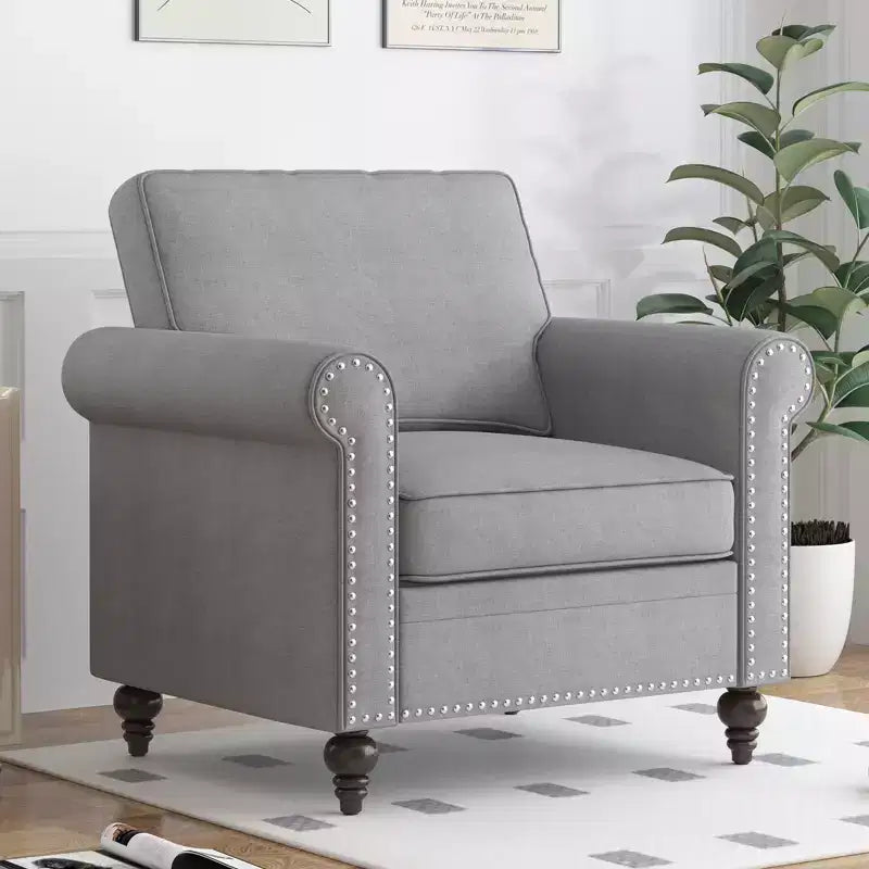 Poltrona d'accento in lino Mid-Century – Poltrona singola con struttura in legno