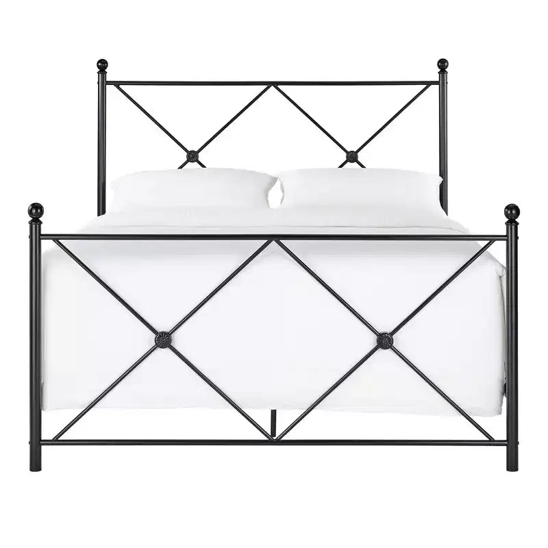 Struttura Letto Matrimoniale in Metallo Nero con Pannello dal Design Geometrico