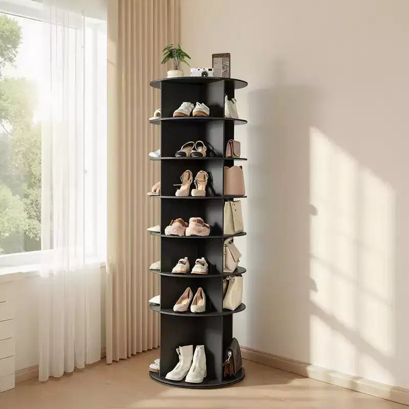 Scarpiera a torre girevole a 7 livelli con base rotante a 360°, organizer rotondo autoportante, nero