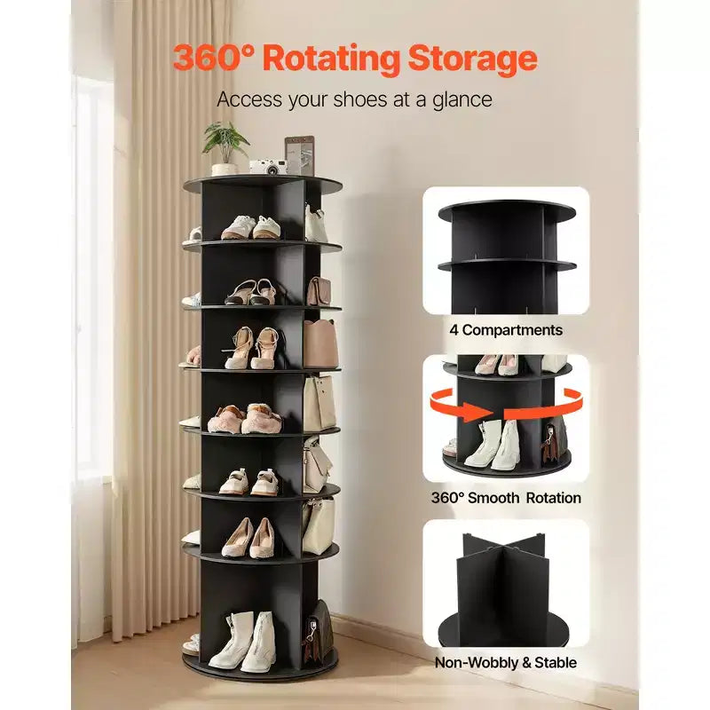 Scarpiera a torre girevole a 7 livelli con base rotante a 360°, organizer rotondo autoportante, nero