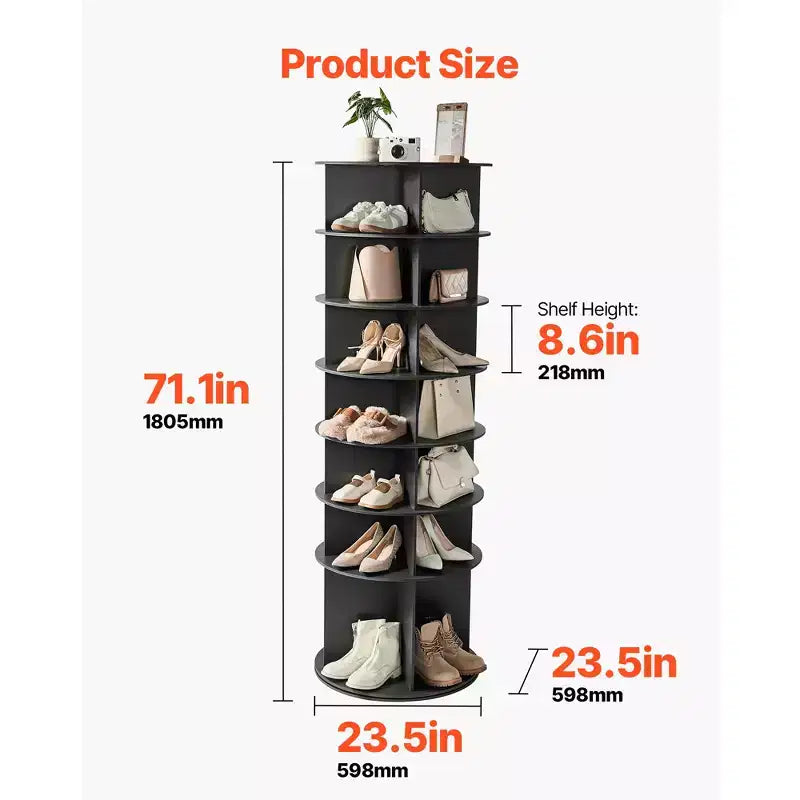 Scarpiera a torre girevole a 7 livelli con base rotante a 360°, organizer rotondo autoportante, nero