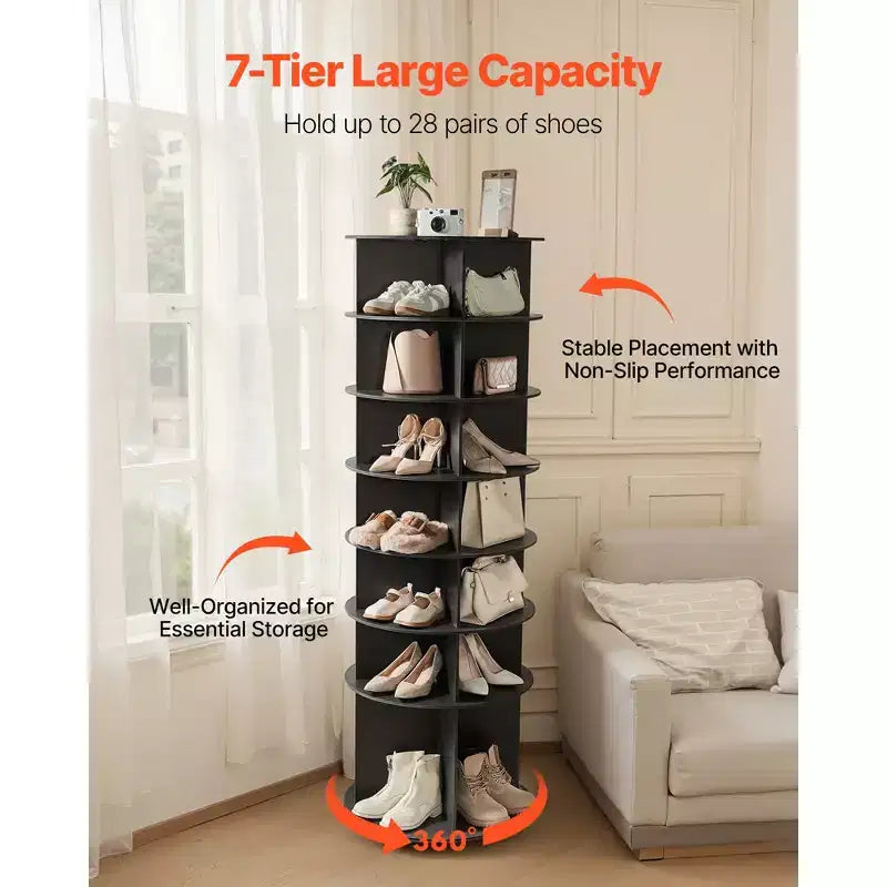 Scarpiera a torre girevole a 7 livelli con base rotante a 360°, organizer rotondo autoportante, nero