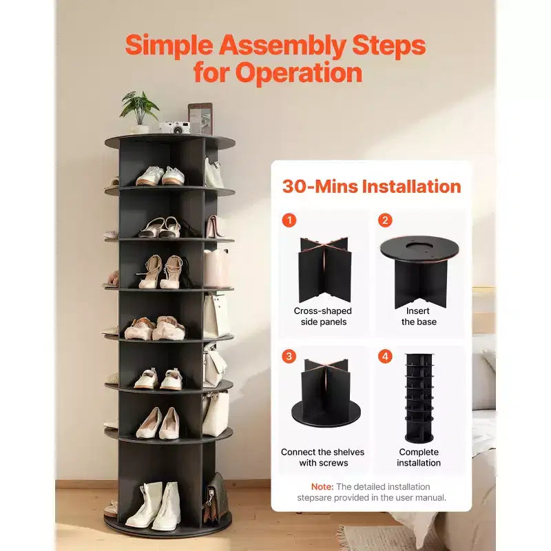 Scarpiera a torre girevole a 7 livelli con base rotante a 360°, organizer rotondo autoportante, nero