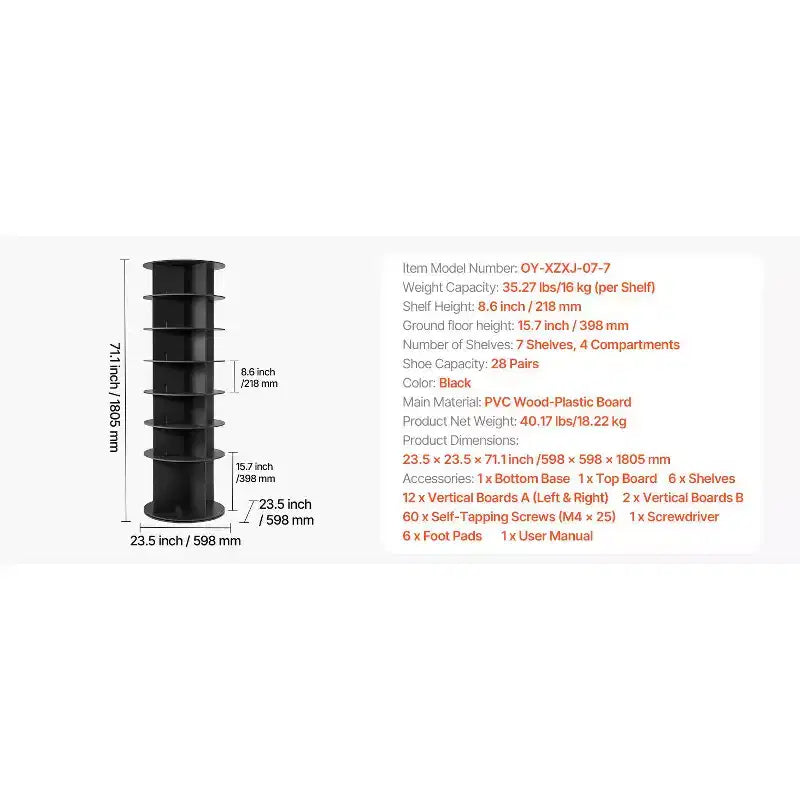 Scarpiera a torre girevole a 7 livelli con base rotante a 360°, organizer rotondo autoportante, nero