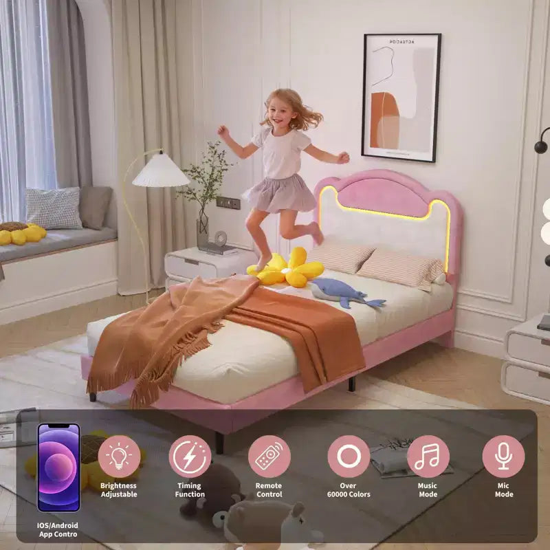 Struttura letto a piattaforma singolo con luci LED RGB e cassetti contenitore