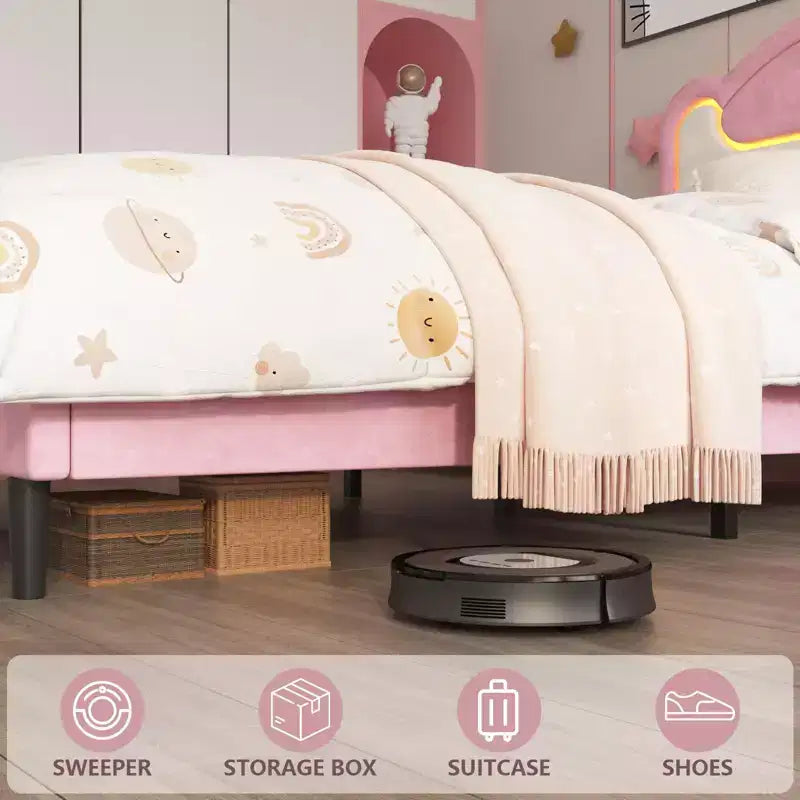 Struttura letto a piattaforma singolo con luci LED RGB e cassetti contenitore