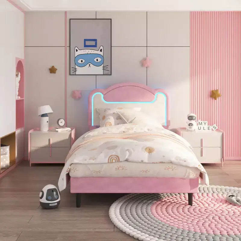 Struttura letto a piattaforma singolo con luci LED RGB e cassetti contenitore
