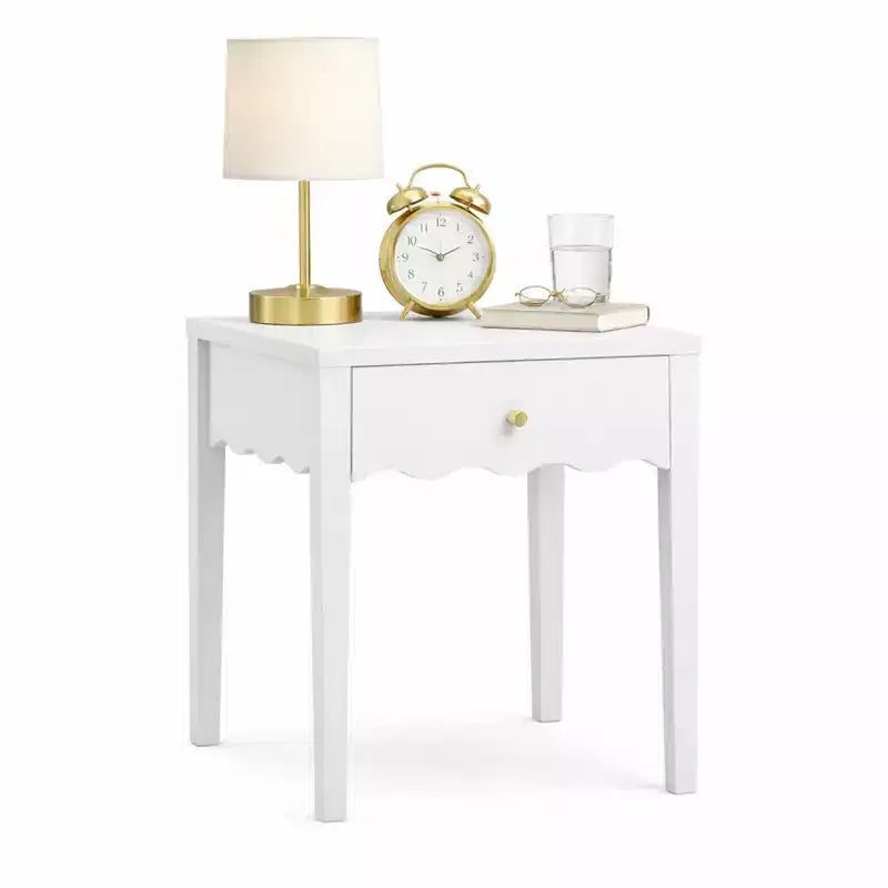 Comodino Bianco con Cassetto Ondulato e Grembiule – 15.7"L x 15.7"P x 16.69"A, MDF, 1 Cassetto