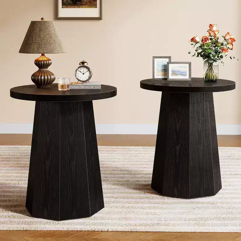 Tavolino rotondo con piedistallo e base ottagonale – 61 cm H x 50 cm Diametro, MDF, Nero