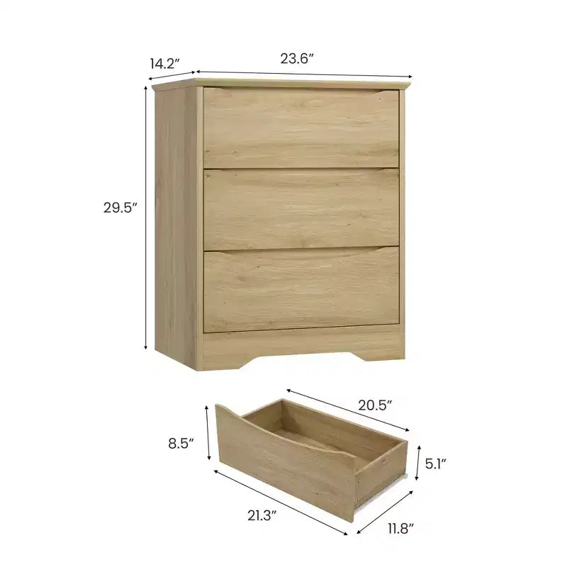 Comò alto in legno a 3 cassetti con piano ampio – Cassetti profondi, maniglie a scomparsa, design curvo, contenitore multiuso