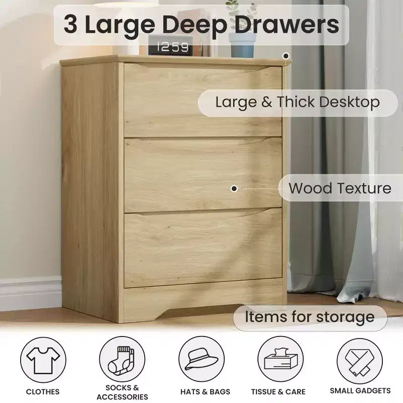 Comò alto in legno a 3 cassetti con piano ampio – Cassetti profondi, maniglie a scomparsa, design curvo, contenitore multiuso