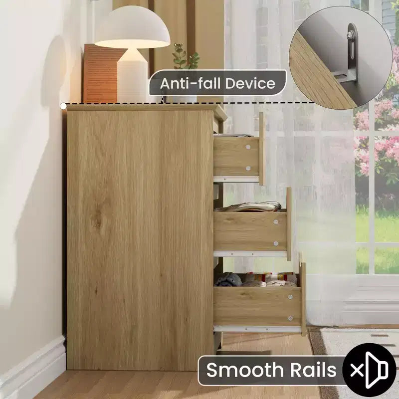 Comò alto in legno a 3 cassetti con piano ampio – Cassetti profondi, maniglie a scomparsa, design curvo, contenitore multiuso