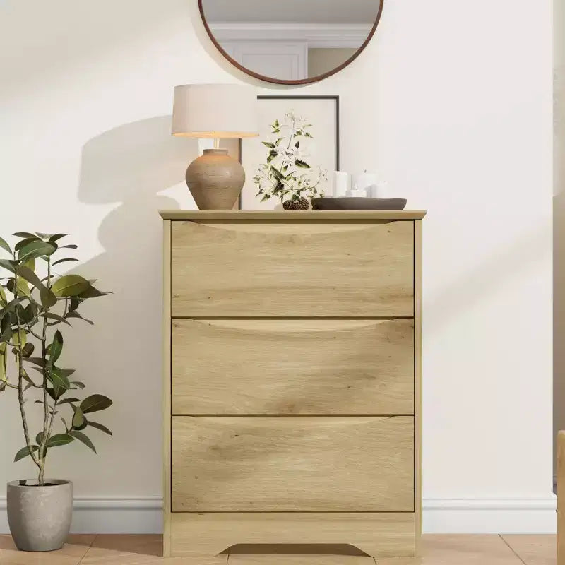 Comò alto in legno a 3 cassetti con piano ampio – Cassetti profondi, maniglie a scomparsa, design curvo, contenitore multiuso