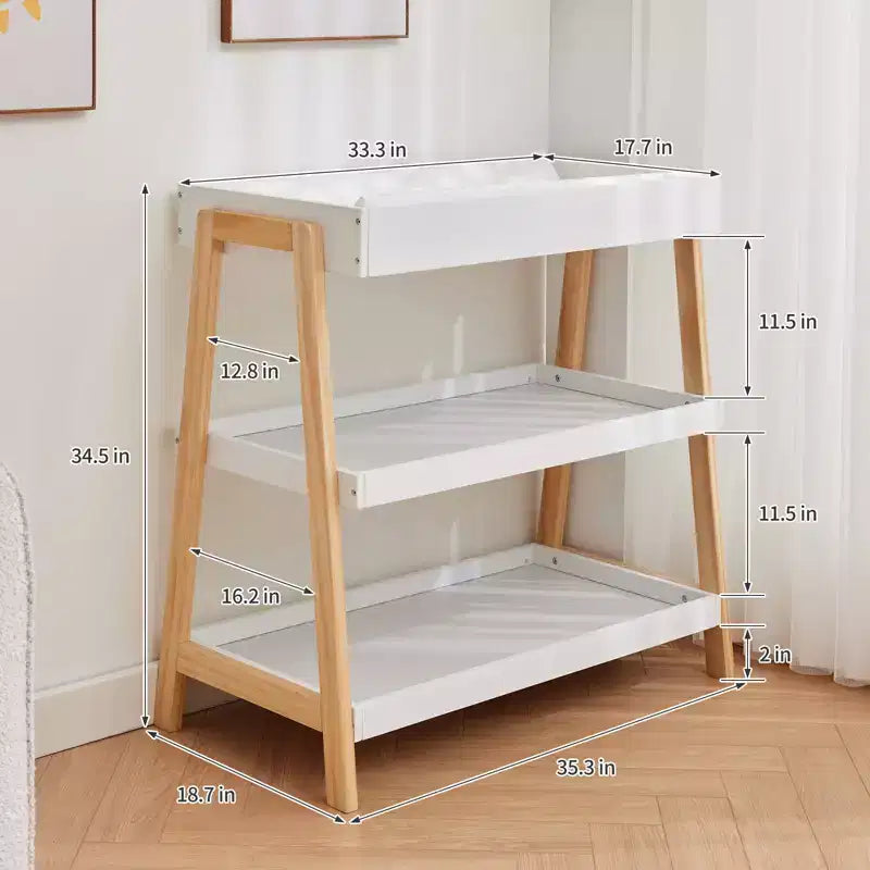 Fasciatoio Portatile con Materassino Impermeabile e 2 Ripiani Portaoggetti – Struttura in Legno, per Neonati e Bambini Piccoli