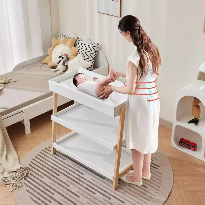 Fasciatoio Portatile con Materassino Impermeabile e 2 Ripiani Portaoggetti – Struttura in Legno, per Neonati e Bambini Piccoli