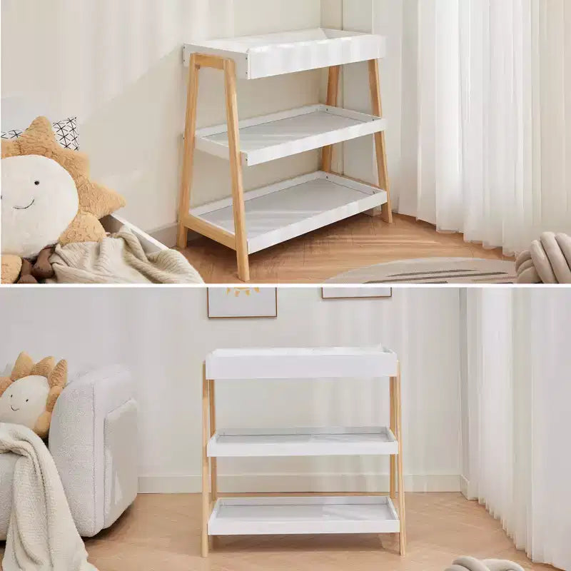 Fasciatoio Portatile con Materassino Impermeabile e 2 Ripiani Portaoggetti – Struttura in Legno, per Neonati e Bambini Piccoli