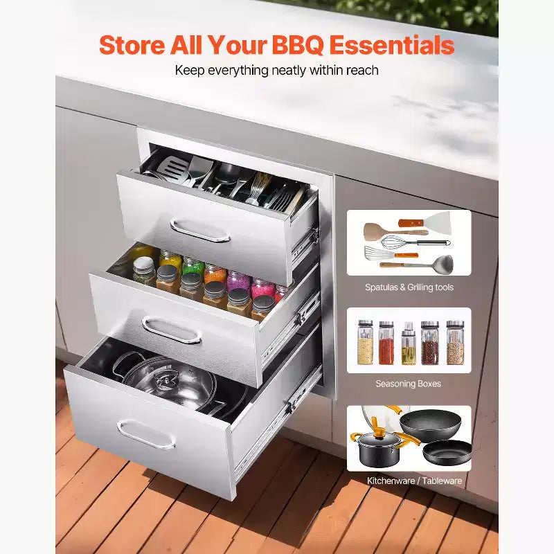 Mobile da Esterno con 3 Cassetti in Acciaio Inox – 46 cm L x 59 cm P x 59 cm H, Capacità 20 kg per cassetto