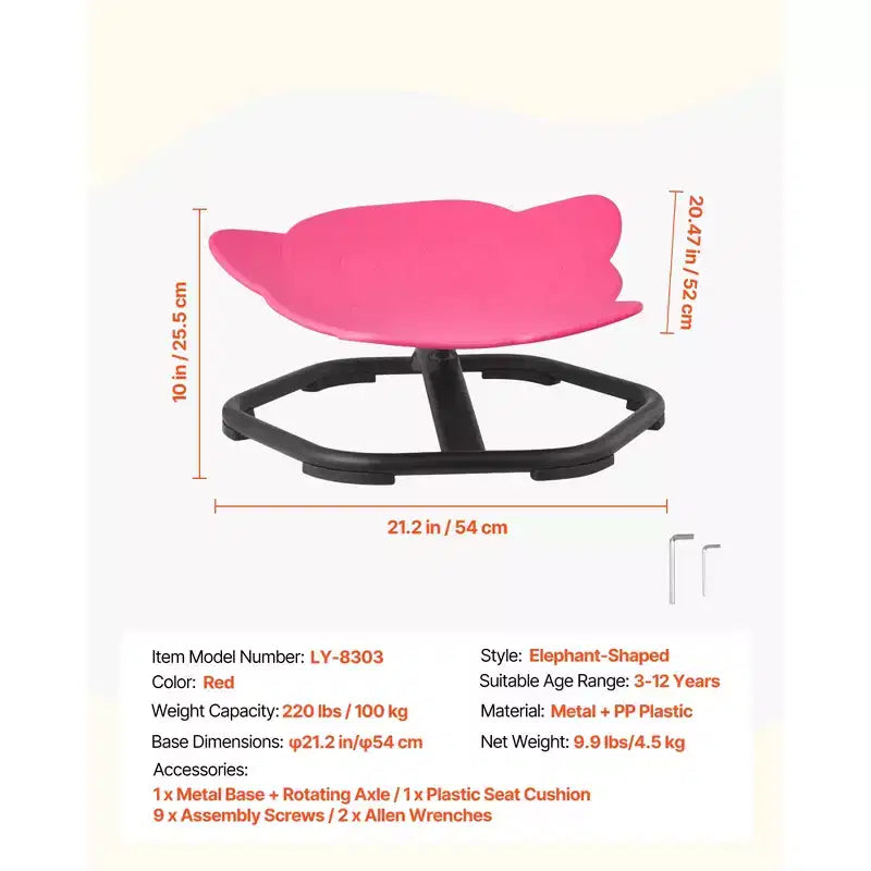 Sedia Sensoriale Girevole Elefante per Bambini – Girevole a 360°, Capacità 100 kg, 25,4 cm A x 52 cm L x 53,8 cm P, Base in Metallo, Rossa