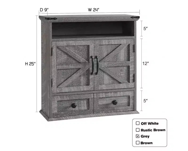 Mobiletto da parete per bagno in stile rustico con doppia anta scorrevole a granaio e cassetto – 61 cm di larghezza, legno di acacia, bianco, nessun assemblaggio richiesto