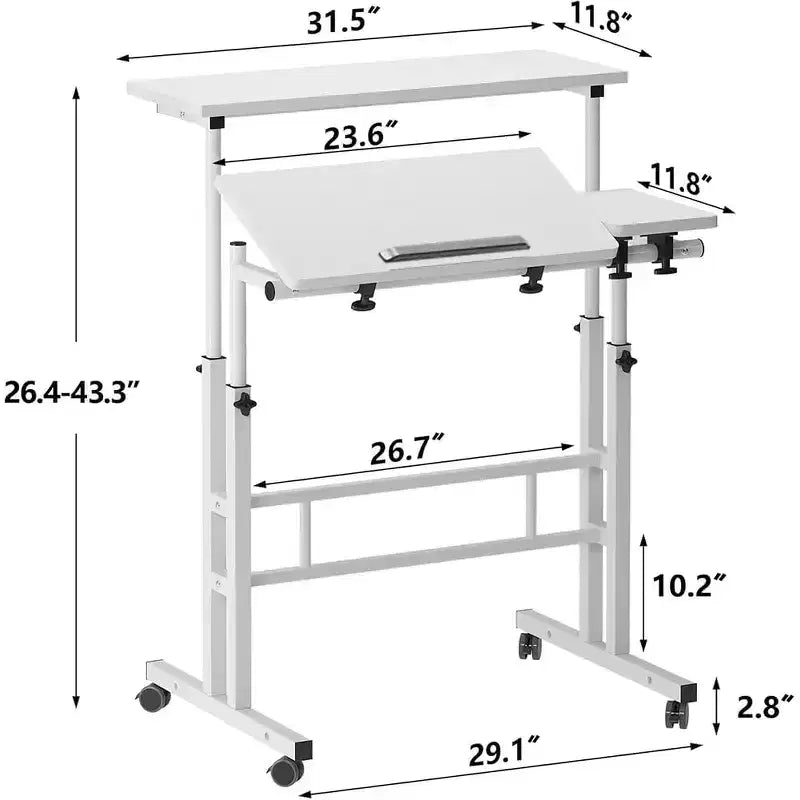 Scrivania regolabile in altezza con ruote – Tavolo mobile per laptop con funzione sit-stand e piano inclinabile, struttura in legno e metallo