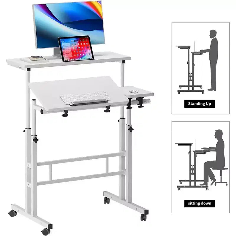 Scrivania regolabile in altezza con ruote – Tavolo mobile per laptop con funzione sit-stand e piano inclinabile, struttura in legno e metallo