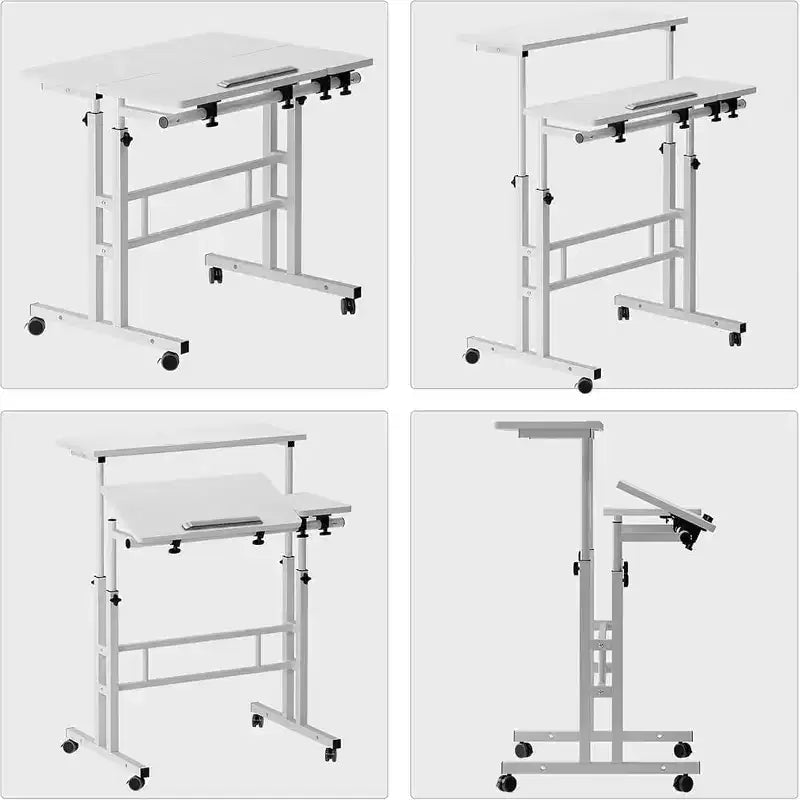 Scrivania regolabile in altezza con ruote – Tavolo mobile per laptop con funzione sit-stand e piano inclinabile, struttura in legno e metallo