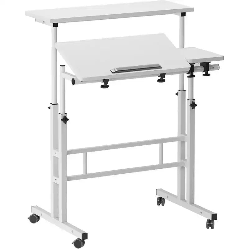 Scrivania regolabile in altezza con ruote – Tavolo mobile per laptop con funzione sit-stand e piano inclinabile, struttura in legno e metallo