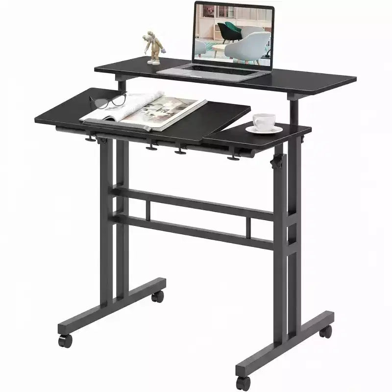 Scrivania regolabile in altezza con ruote – Tavolo mobile per laptop con funzione sit-stand e piano inclinabile, struttura in legno e metallo