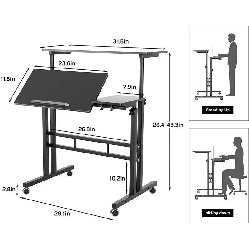 Scrivania regolabile in altezza con ruote – Tavolo mobile per laptop con funzione sit-stand e piano inclinabile, struttura in legno e metallo