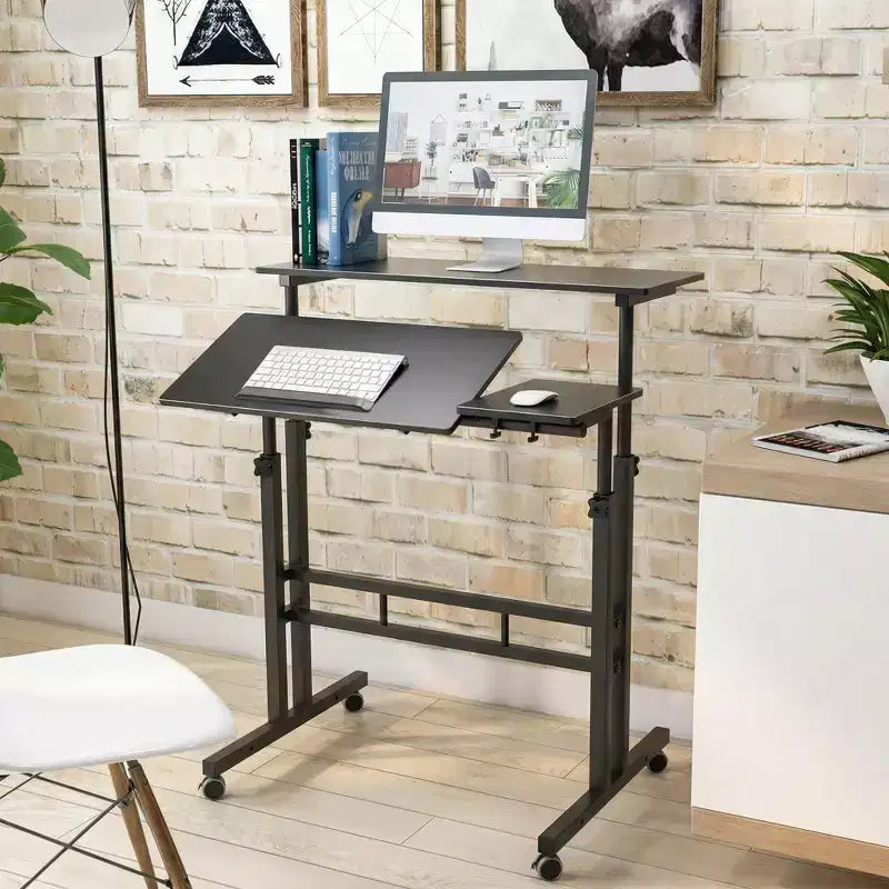 Scrivania regolabile in altezza con ruote – Tavolo mobile per laptop con funzione sit-stand e piano inclinabile, struttura in legno e metallo