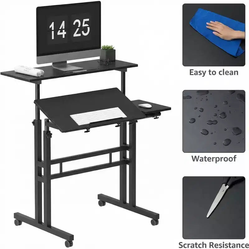 Scrivania regolabile in altezza con ruote – Tavolo mobile per laptop con funzione sit-stand e piano inclinabile, struttura in legno e metallo