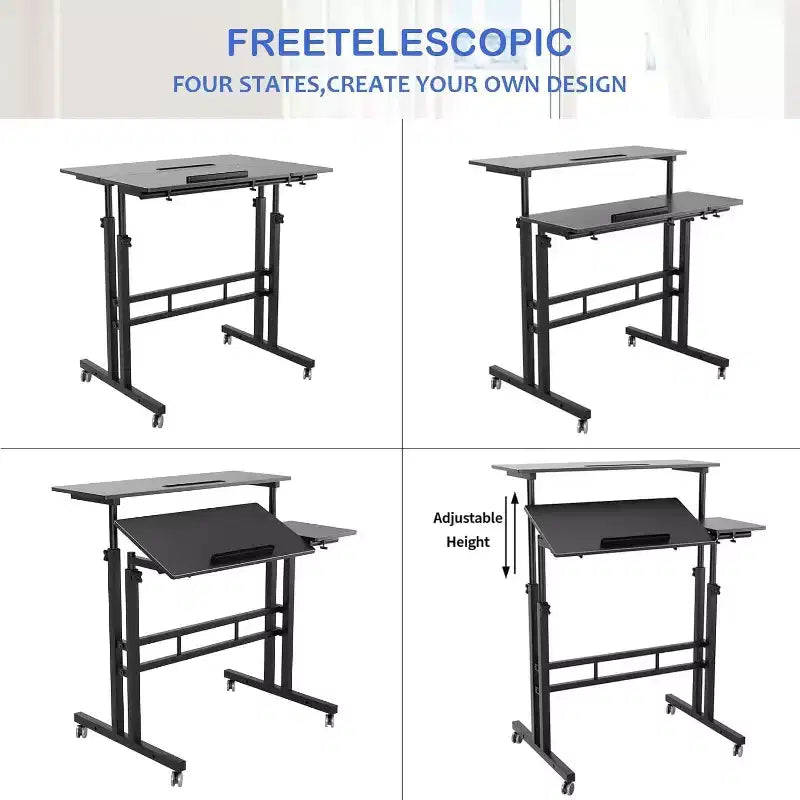 Scrivania regolabile in altezza con ruote – Tavolo mobile per laptop con funzione sit-stand e piano inclinabile, struttura in legno e metallo
