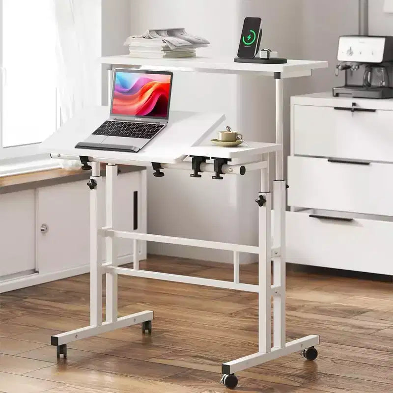 Scrivania regolabile in altezza con ruote – Tavolo mobile per laptop con funzione sit-stand e piano inclinabile, struttura in legno e metallo