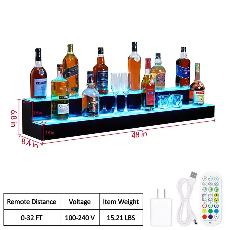 Espositore per bottiglie di liquori a LED – Mensola da bar a livelli con controllo remoto e app, Contiene 10 bottiglie, Nero, MDF