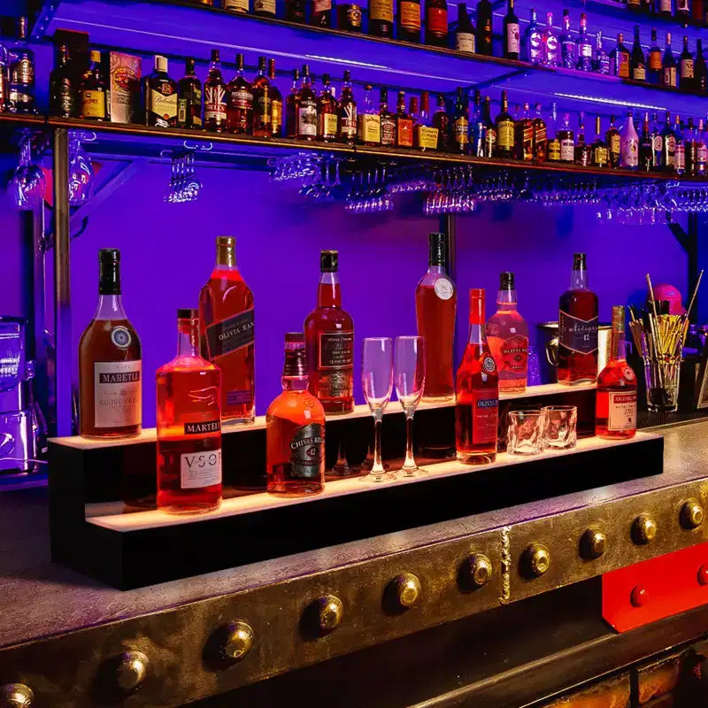 Espositore per bottiglie di liquori a LED – Mensola da bar a livelli con controllo remoto e app, Contiene 10 bottiglie, Nero, MDF