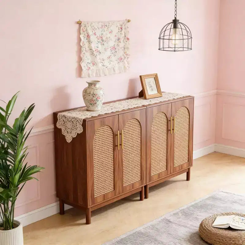Madia Buffet Moderna in Rattan – 150 cm L x 35 cm P x 90 cm A, 4 Ante, 2 Ripiani, MDF e Gambe in Legno Massello
