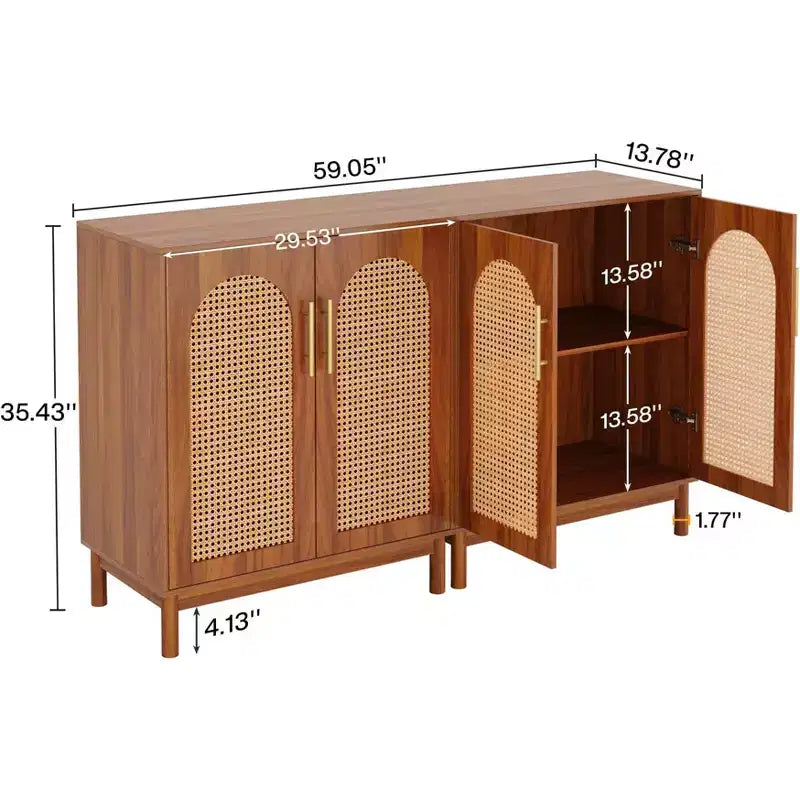 Madia Buffet Moderna in Rattan – 150 cm L x 35 cm P x 90 cm A, 4 Ante, 2 Ripiani, MDF e Gambe in Legno Massello
