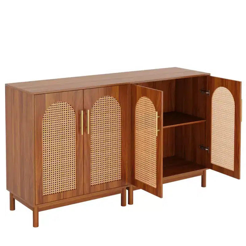 Madia Buffet Moderna in Rattan – 150 cm L x 35 cm P x 90 cm A, 4 Ante, 2 Ripiani, MDF e Gambe in Legno Massello