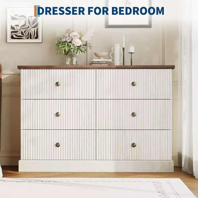 Cassettiera orizzontale a 6 cassetti con pannelli scanalati – Cassettone da camera, in MDF, bianca o marrone