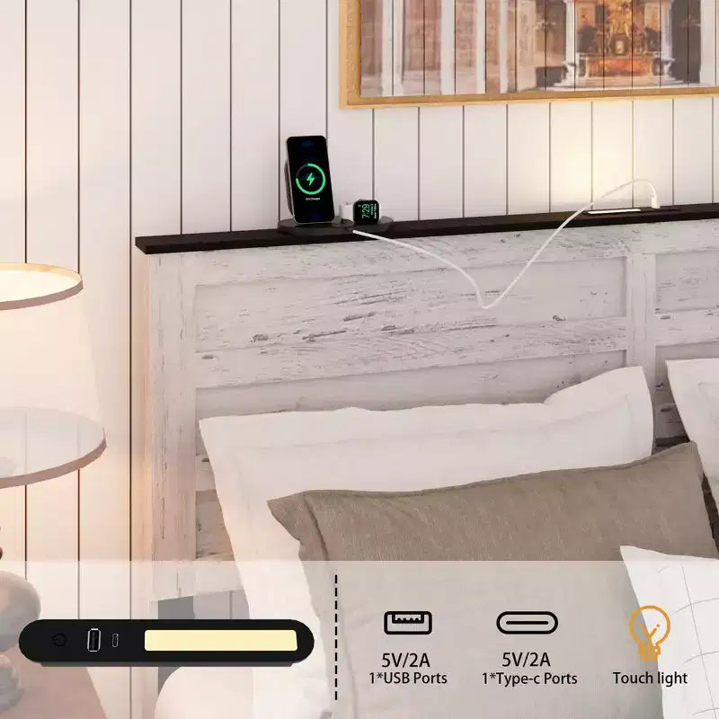 Letto con piattaforma matrimoniale/queen con testiera imbottita con contenitore, luci LED e stazione di ricarica – 41.34"A x 54.72"L x 79.31"P