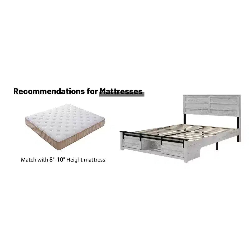 Letto con piattaforma matrimoniale/queen con testiera imbottita con contenitore, luci LED e stazione di ricarica – 41.34"A x 54.72"L x 79.31"P