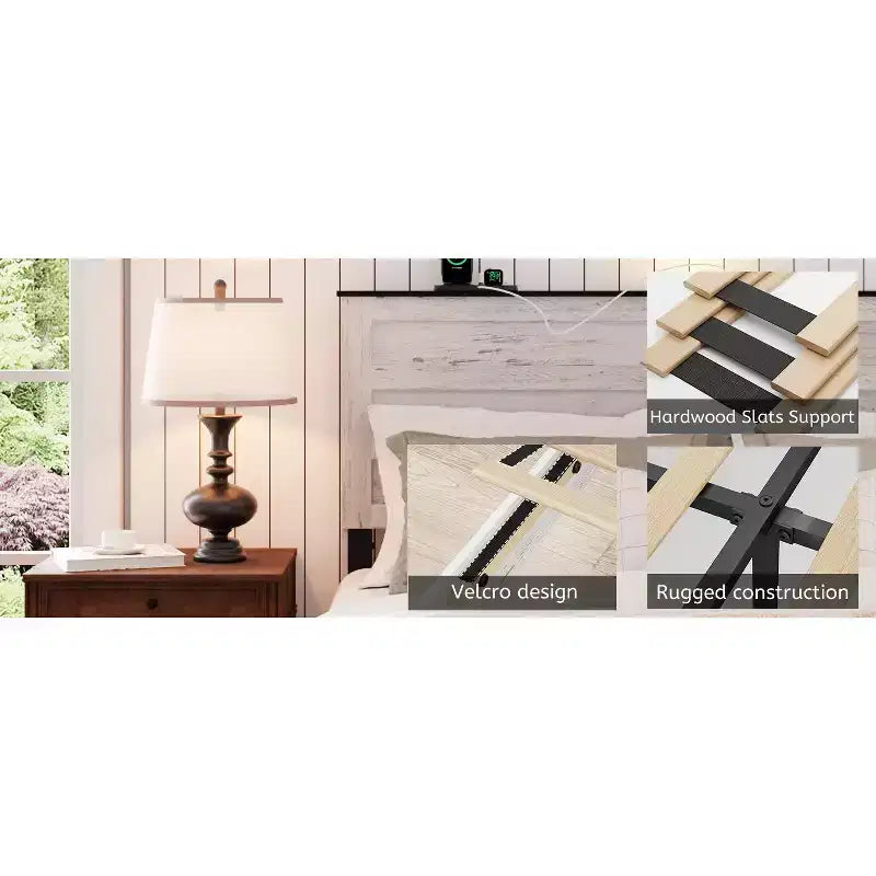Letto con piattaforma matrimoniale/queen con testiera imbottita con contenitore, luci LED e stazione di ricarica – 41.34"A x 54.72"L x 79.31"P