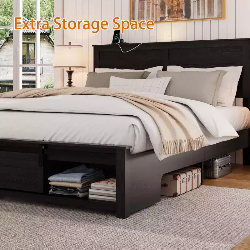 Letto con piattaforma matrimoniale/queen con testiera imbottita con contenitore, luci LED e stazione di ricarica – 41.34"A x 54.72"L x 79.31"P
