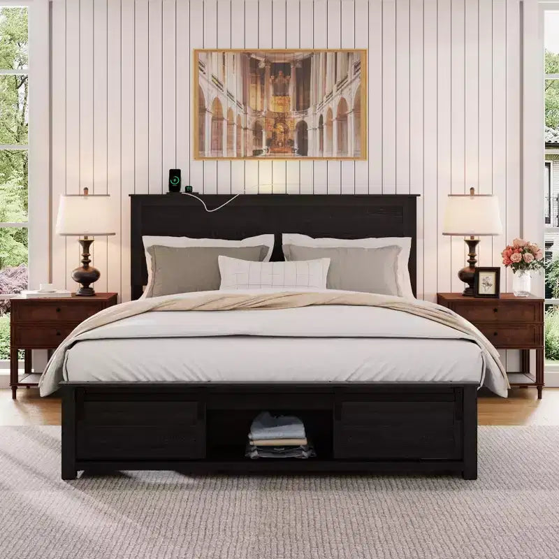 Letto con piattaforma matrimoniale/queen con testiera imbottita con contenitore, luci LED e stazione di ricarica – 41.34"A x 54.72"L x 79.31"P