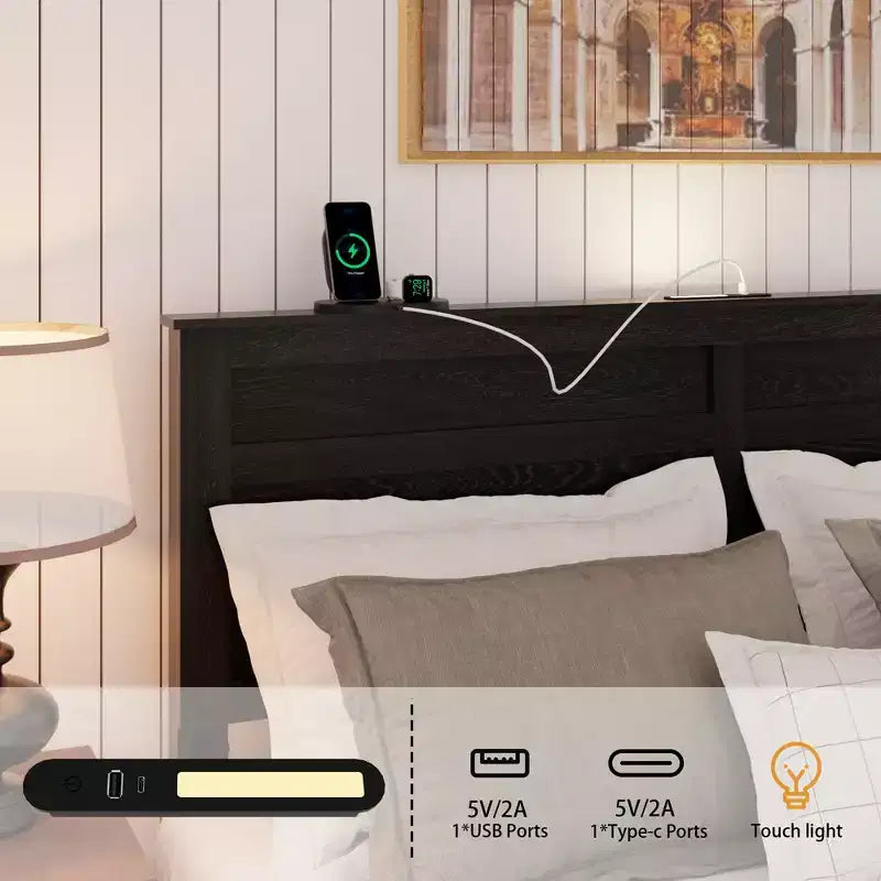 Letto con piattaforma matrimoniale/queen con testiera imbottita con contenitore, luci LED e stazione di ricarica – 41.34"A x 54.72"L x 79.31"P