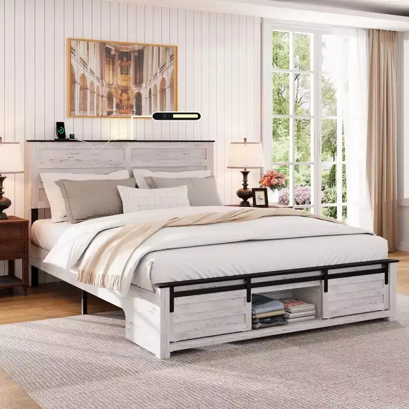 Letto con piattaforma matrimoniale/queen con testiera imbottita con contenitore, luci LED e stazione di ricarica – 41.34"A x 54.72"L x 79.31"P